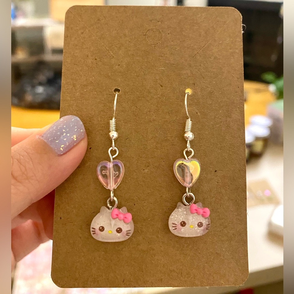 Sanrio Hello Kitty Heart Earrings, Drop Earrings, Dangle, Acrylic, Glitter